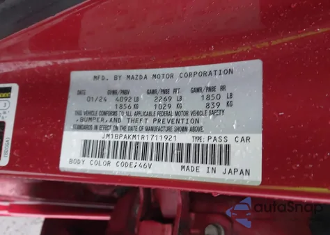 2024 Mazda Mazda3 2.5 S Select Sport z USA, uszkodzony, nr VIN JM1BPAKM1R1711921